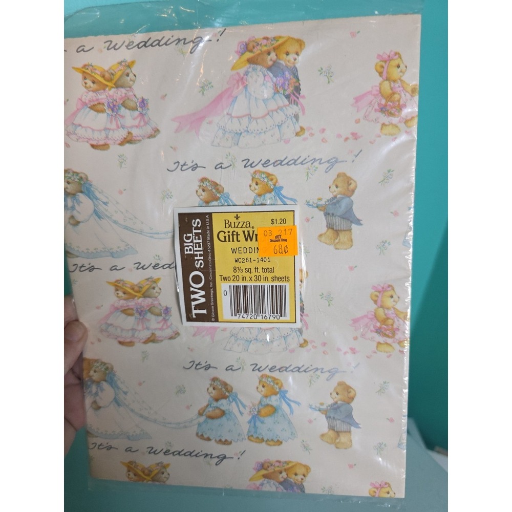 Vintage Buzza Teddy Bear Wedding Gift Wrap 2 Big Sheets 20x30 WC261-1401 New